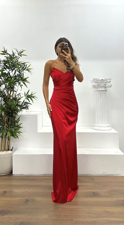Red Strapless Draped Evening Dress