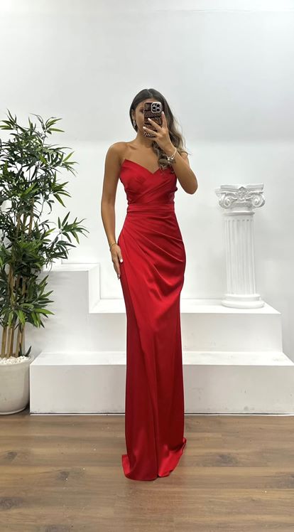 Red Strapless Draped Evening Dress