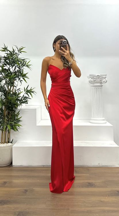 Red Strapless Draped Evening Dress