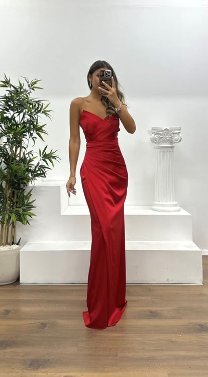 Red Strapless Draped Evening Dress
