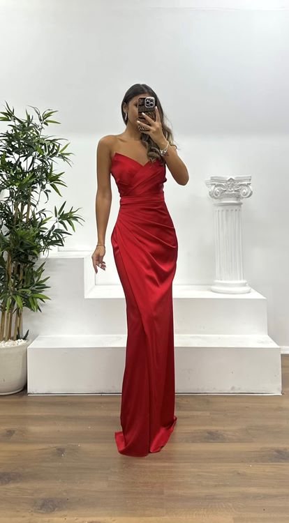 Red Strapless Draped Evening Dress