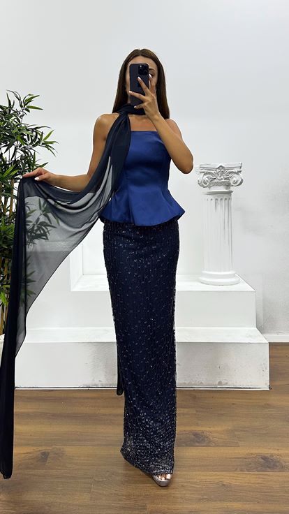 Navy Blue Strapless Evening Dress