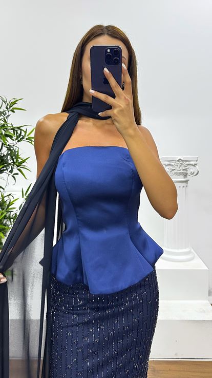 Navy Blue Strapless Evening Dress