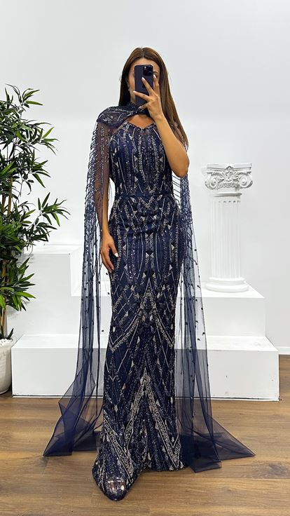 Navy Blue Cape Embroidered Evening Dress