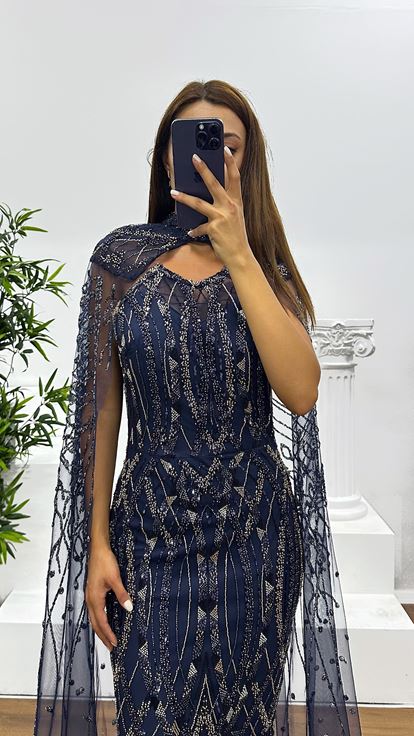 Navy Blue Cape Embroidered Evening Dress