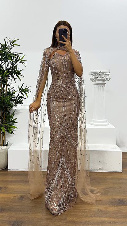Embroidered Evening Dress with Mink Cape