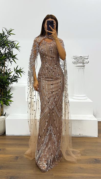 Embroidered Evening Dress with Mink Cape