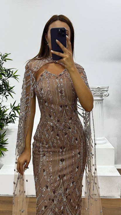 Embroidered Evening Dress with Mink Cape