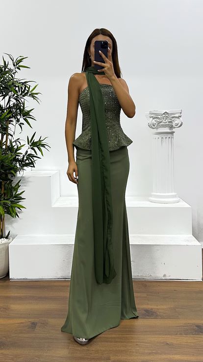 Haki Straplez Abiye Elbise