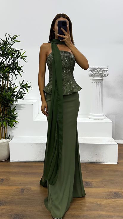 Haki Straplez Abiye Elbise