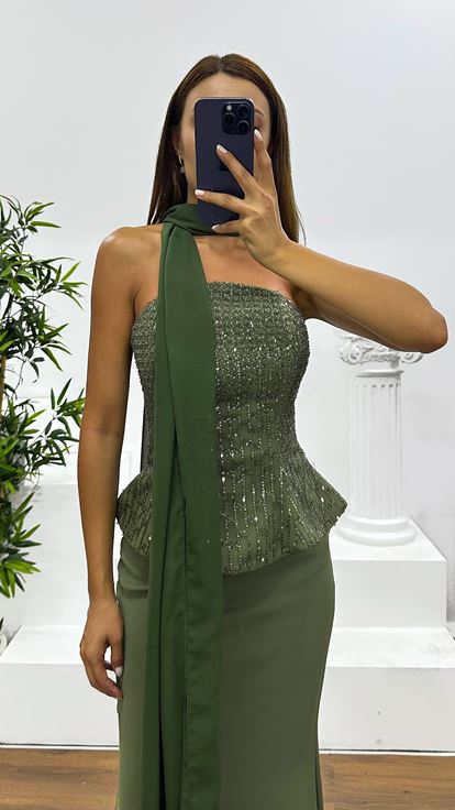 Haki Straplez Abiye Elbise