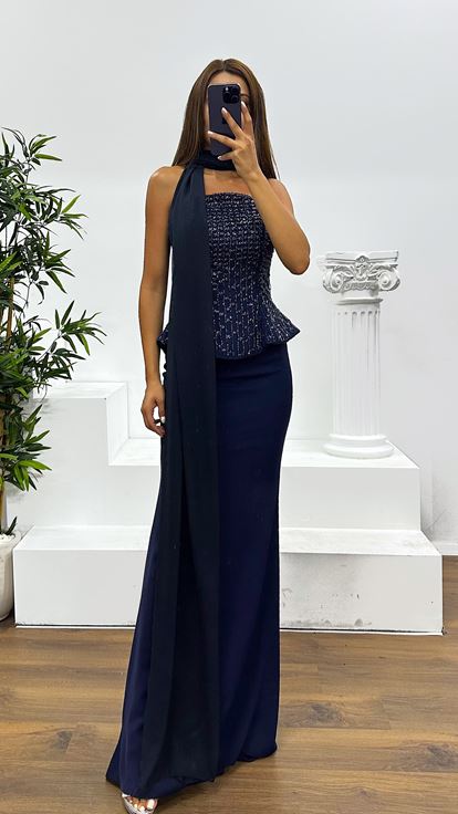 Lacivert Straplez Abiye Elbise