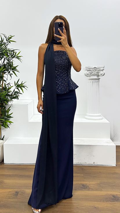 Lacivert Straplez Abiye Elbise