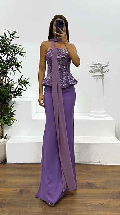 Lila Straplez Abiye Elbise