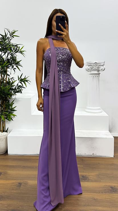 Lila Straplez Abiye Elbise