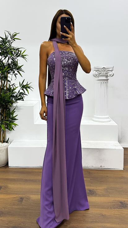 Lila Straplez Abiye Elbise