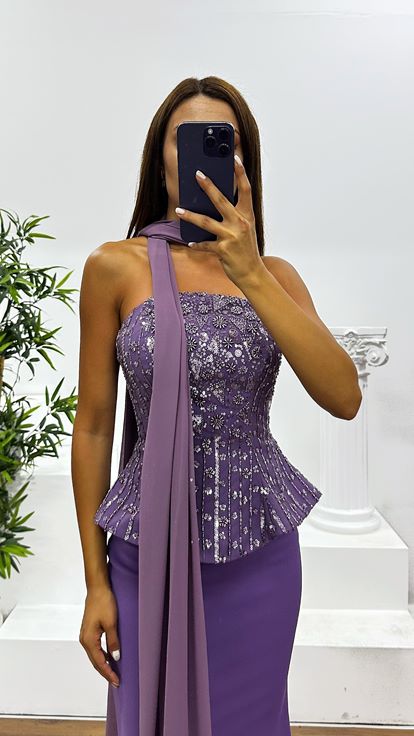 Lila Straplez Abiye Elbise