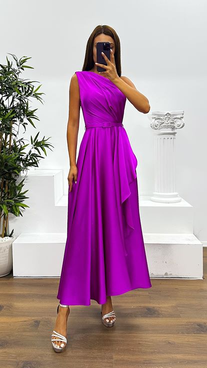 Fuşya Tek Omuz Midi Abiye Elbise