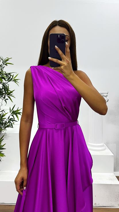 Fuşya Tek Omuz Midi Abiye Elbise