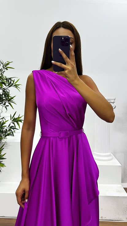 Fuşya Tek Omuz Midi Abiye Elbise