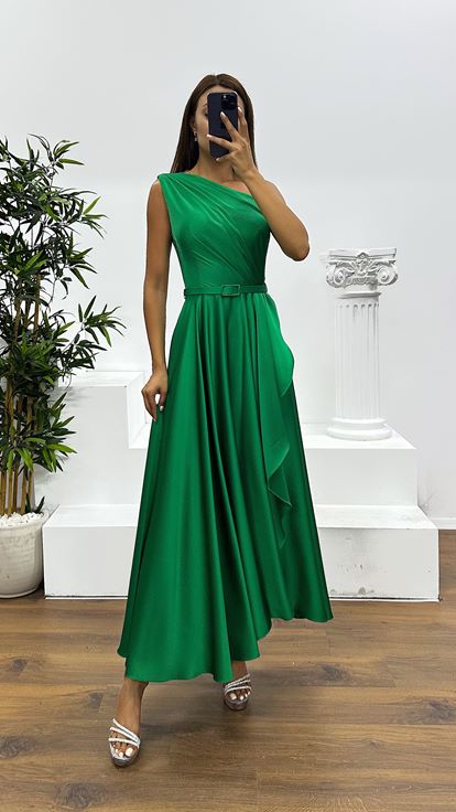 Emerald One Shoulder Midi Evening Dress