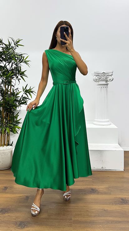Emerald One Shoulder Midi Evening Dress