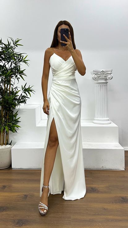 Bone Strapless Draped Evening Dress