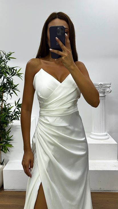 Bone Strapless Draped Evening Dress