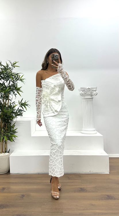 Bone Strapless Glove Sequined Evening Dress