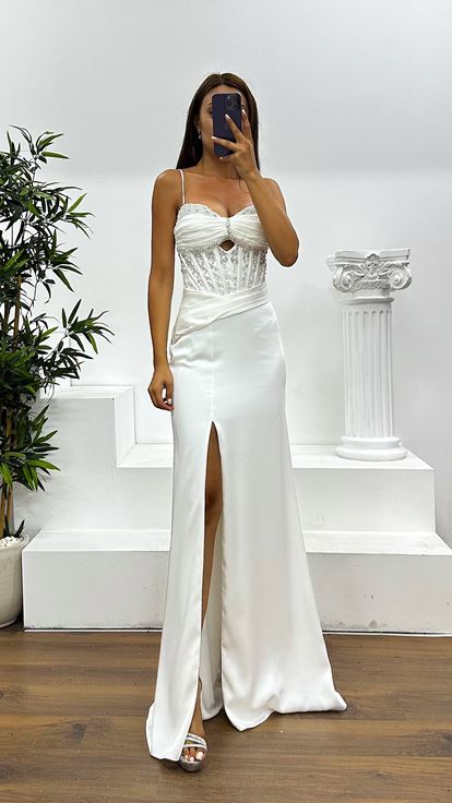 Kemik İp Askılı Boncuk Detay Abiye Elbise