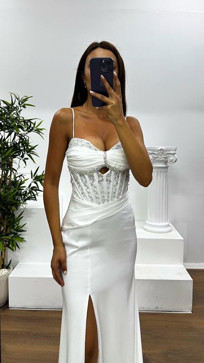 Kemik İp Askılı Boncuk Detay Abiye Elbise