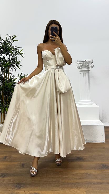 Gold Straplez Midi Saten Abiye Elbise