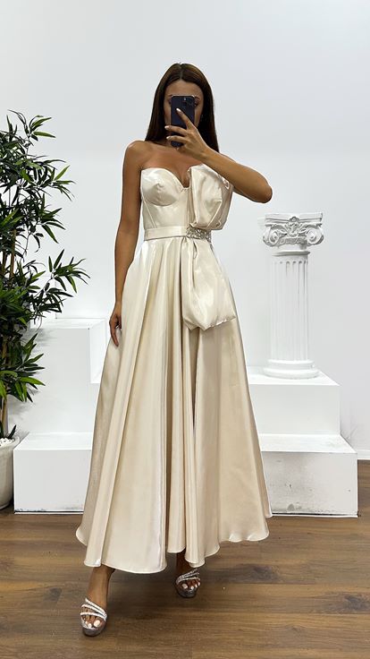 Gold Straplez Midi Saten Abiye Elbise