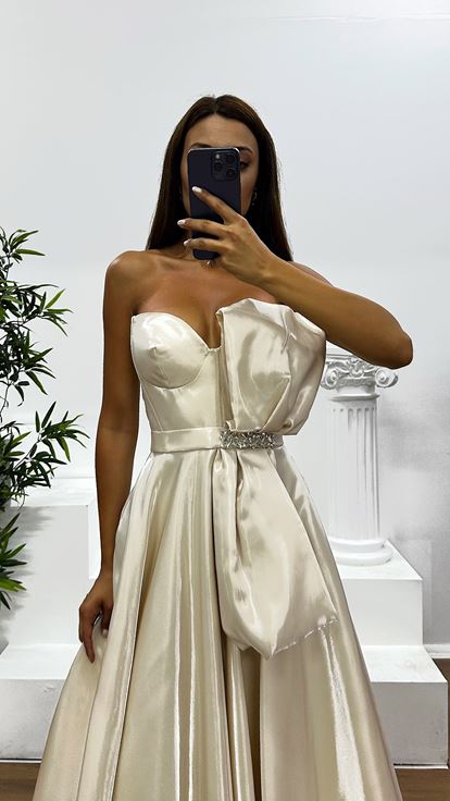 Gold Straplez Midi Saten Abiye Elbise