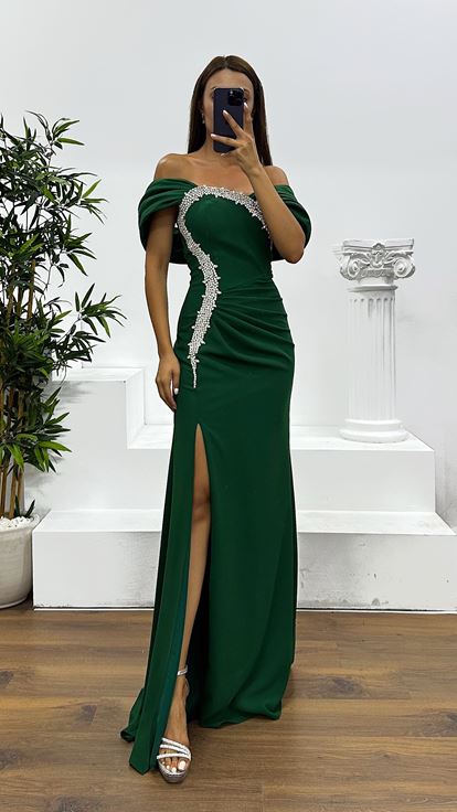 Zümrüt Taş Detay Abiye Elbise