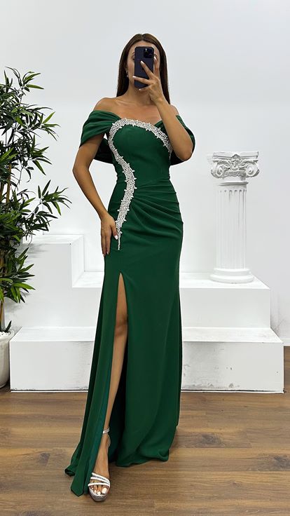 Zümrüt Taş Detay Abiye Elbise