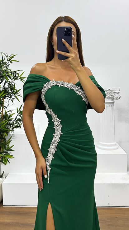 Zümrüt Taş Detay Abiye Elbise