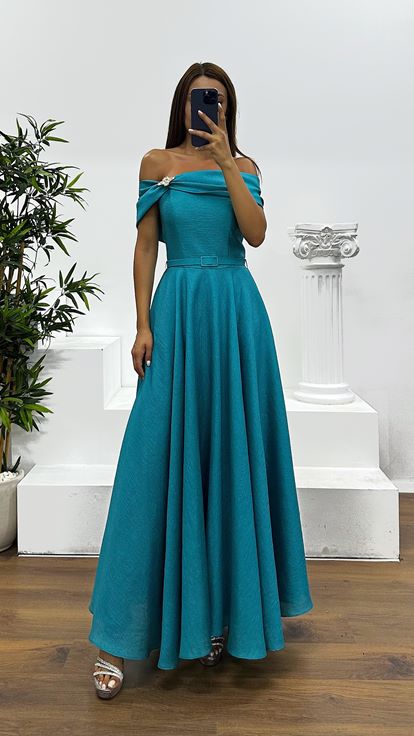 Petrol Kayık Yaka Midi Abiye Elbise