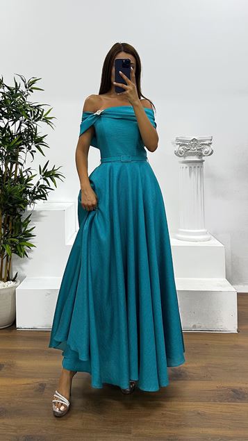 Petrolfarbenes Midi-Abendkleid mit U-Boot-Ausschnitt