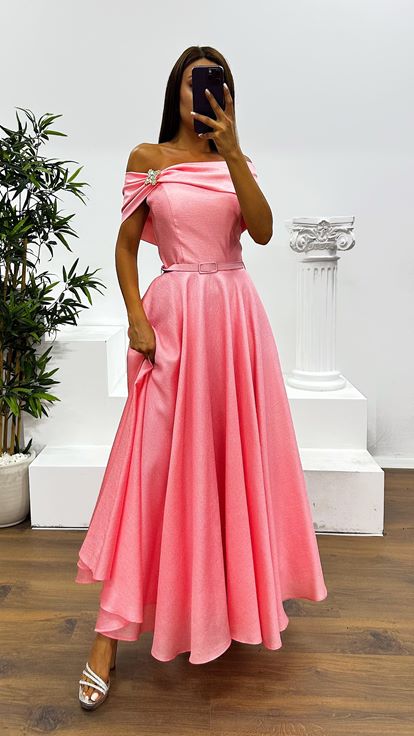 Pudra Kayık Yaka Midi Abiye Elbise