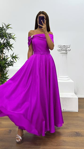 Fuchsiafarbenes Midi-Abendkleid mit U-Boot-Ausschnitt