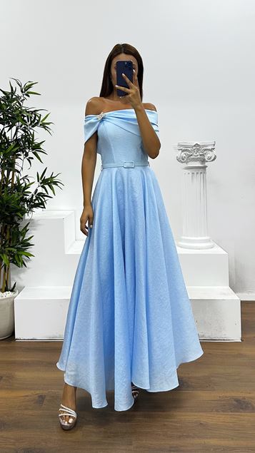 Babyblaues Midi-Abendkleid mit U-Boot-Ausschnitt