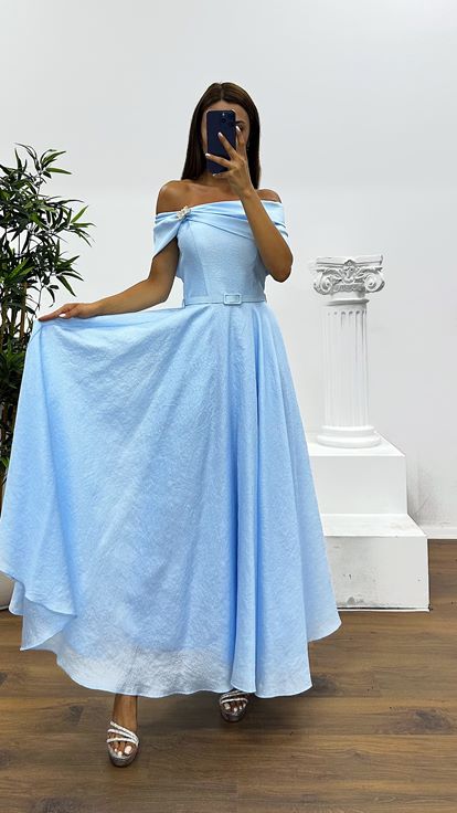 Bebe Mavisi Kayık Yaka Midi Abiye Elbise