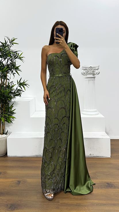 Khaki One-Shoulder Embroidered Evening Dress