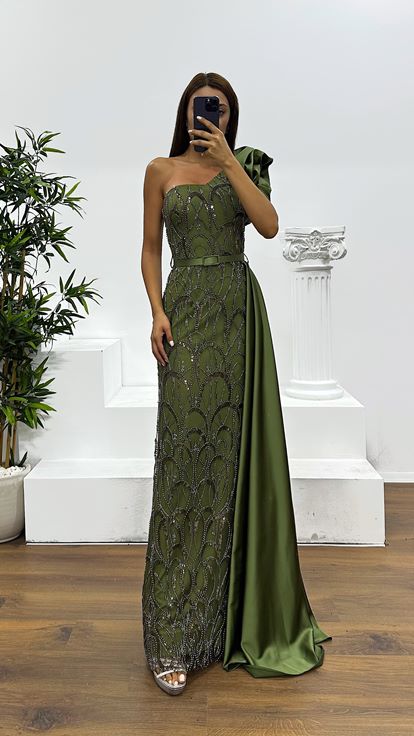 Khaki One-Shoulder Embroidered Evening Dress