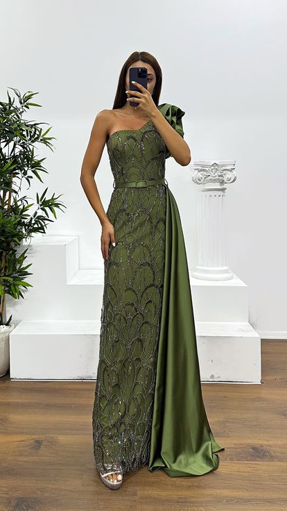 Khaki One-Shoulder Embroidered Evening Dress