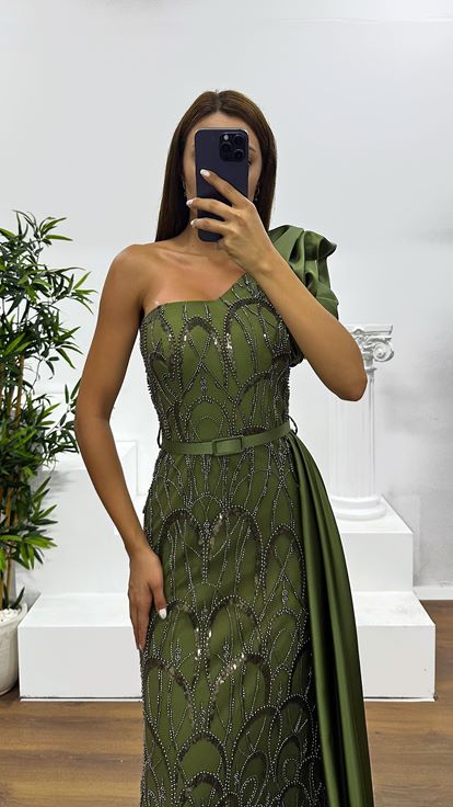 Khaki One-Shoulder Embroidered Evening Dress
