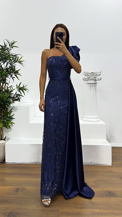 Navy Blue One-Shoulder Embroidered Evening Dress