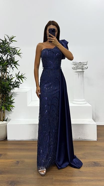 Navy Blue One-Shoulder Embroidered Evening Dress