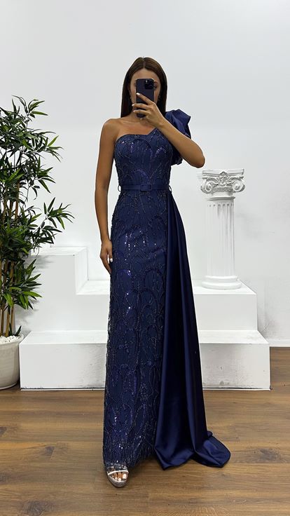 Navy Blue One-Shoulder Embroidered Evening Dress